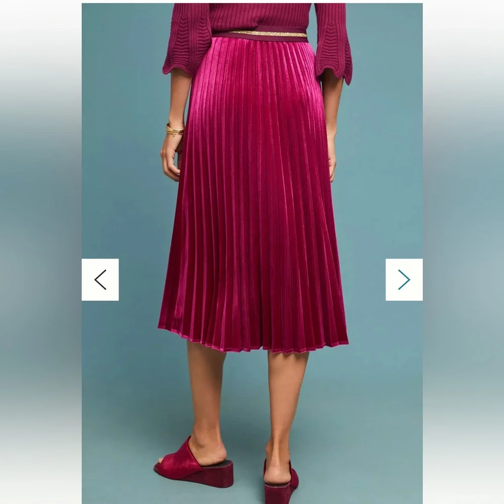NWOT Anthropologie Maeve Pleated Velvet Fuschia Pink Gold Holiday MIDI Skirt S - Picture 3 of 6
